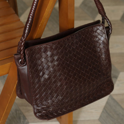 Bottega Veneta Vintage Brown Braided Knot Handle Intrecciato Shoulder Bag