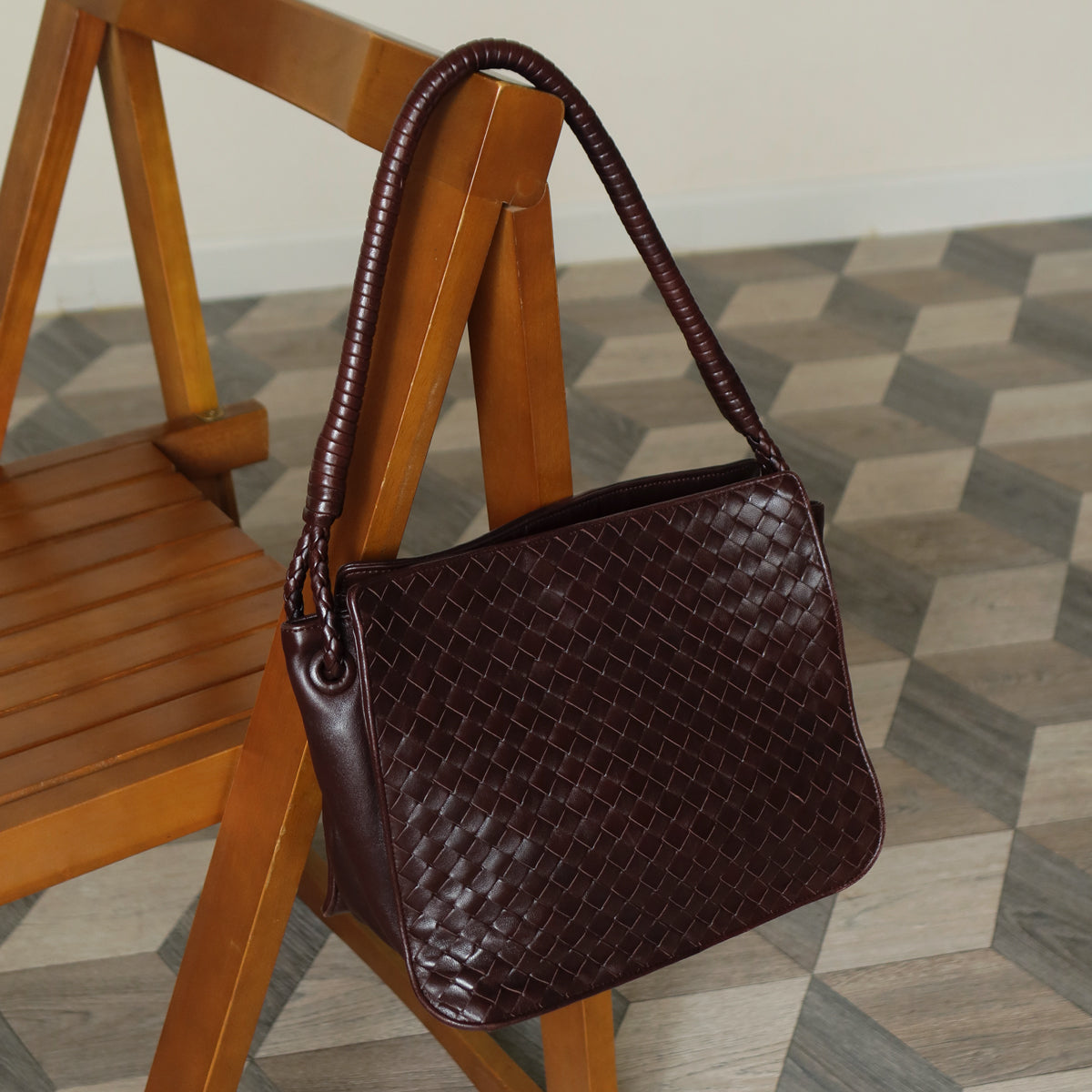 Bottega Veneta Vintage Brown Braided Knot Handle Intrecciato Shoulder Bag