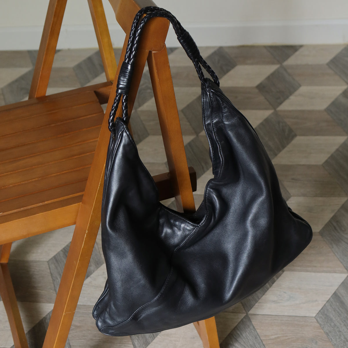 Bottega Veneta Vintage Black Leather Braided Strap Hobo Shoulder Bag