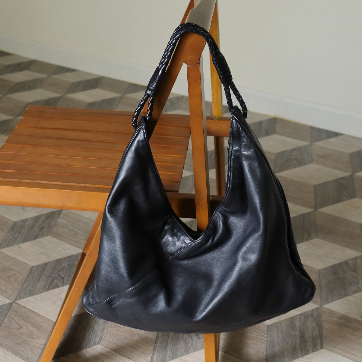 Bottega Veneta Vintage Black Leather Braided Strap Hobo Shoulder Bag
