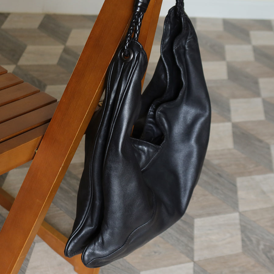 Bottega Veneta Vintage Black Leather Braided Strap Hobo Shoulder Bag