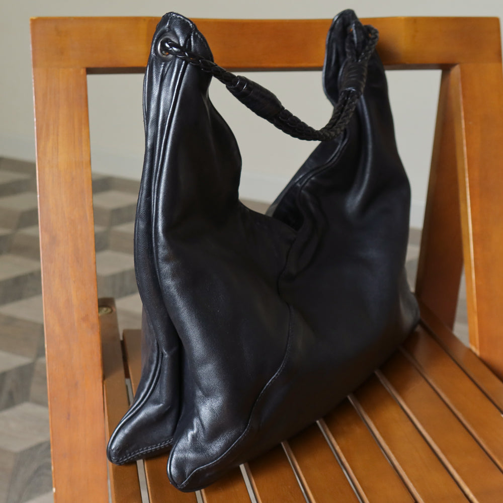 Bottega Veneta Vintage Black Leather Braided Strap Hobo Shoulder Bag
