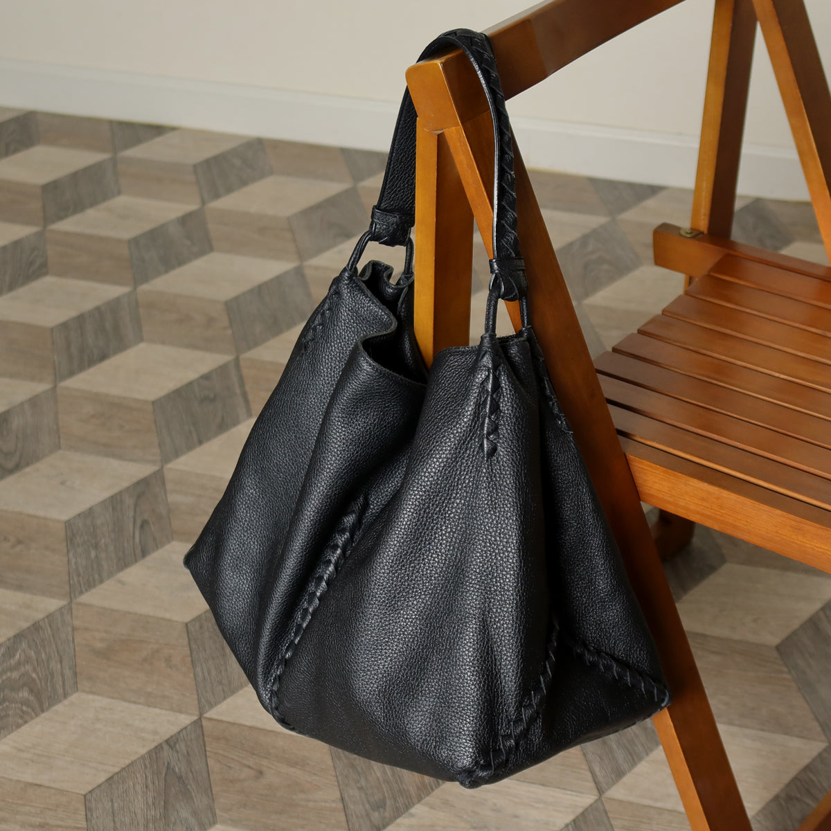 Bottega Veneta Vintage Black Intrecciato Weave Strips XL Hobo Shoulder Bag