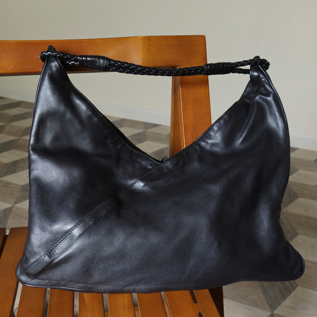 Bottega Veneta Vintage Black Leather Braided Strap Hobo Shoulder Bag