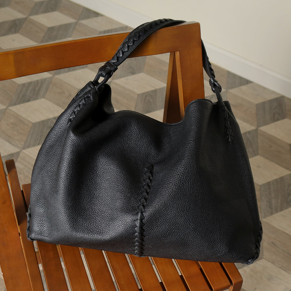 Bottega Veneta Vintage Black Intrecciato Weave Strips XL Hobo Shoulder Bag