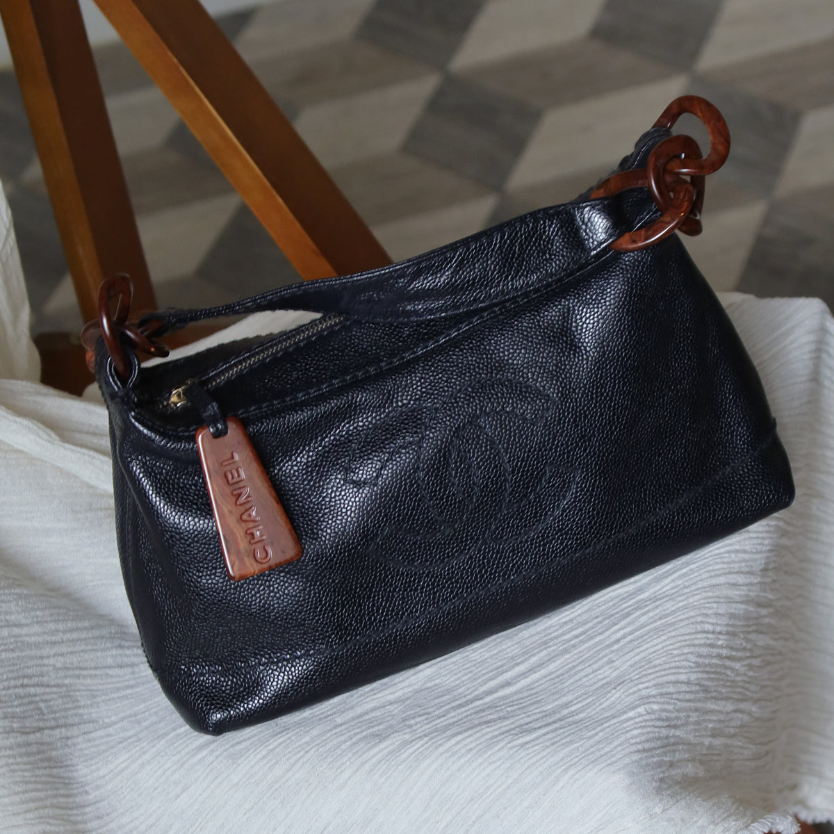 Chanel Vintage Black Caviar Leather Hobo Coco Mark Shoulder Bag