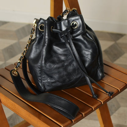 Chanel Vintage Black Lambskin Coco mark Crossbody Bucket Shoulder Bag