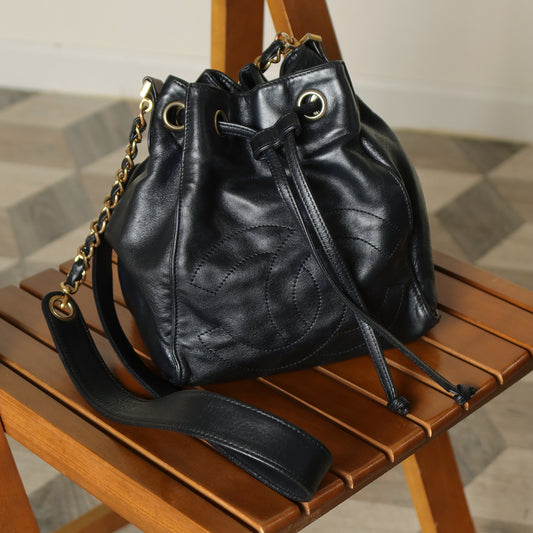 Chanel Vintage Black Lambskin Coco mark Crossbody Bucket Shoulder Bag