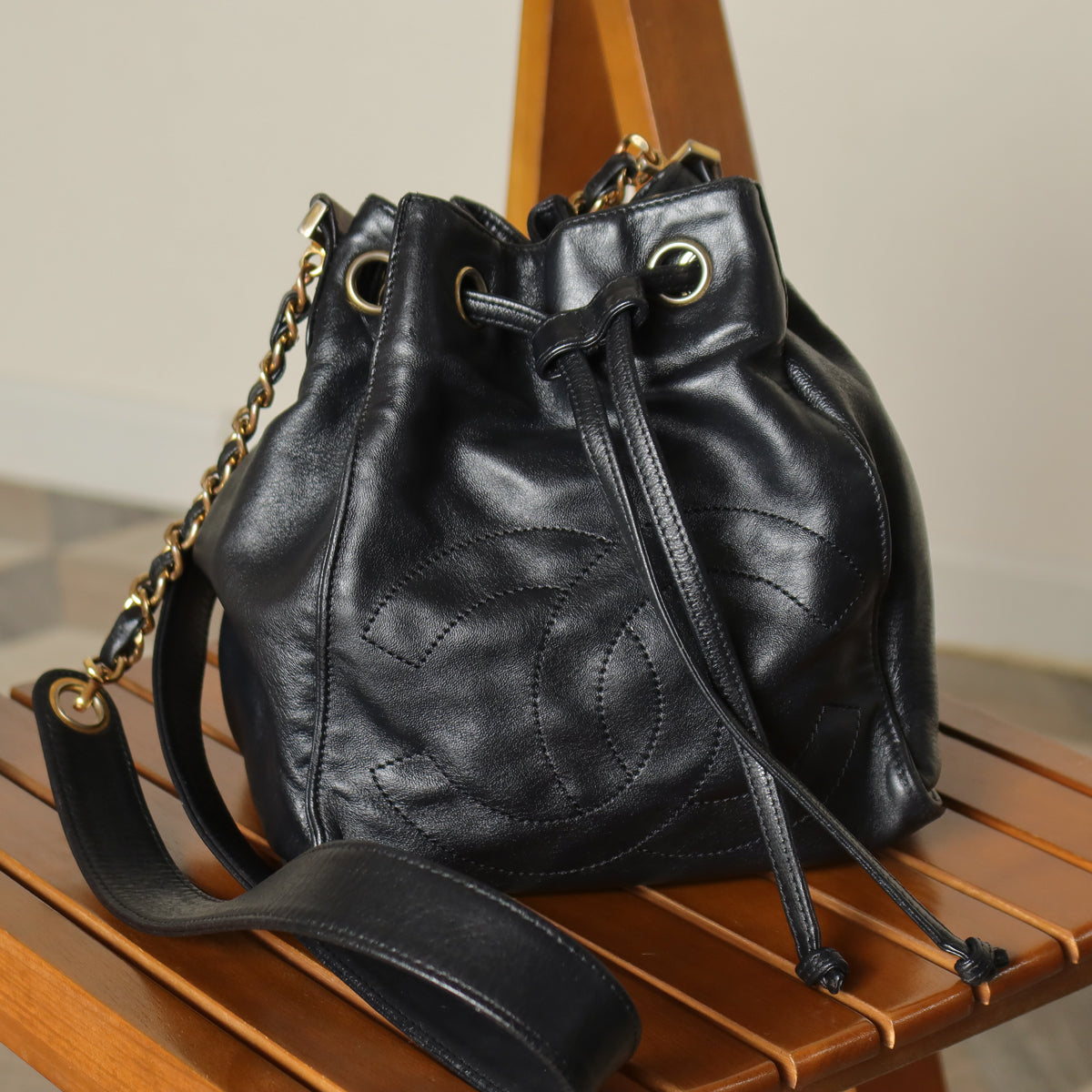 Chanel Vintage Black Lambskin Coco mark Crossbody Bucket Shoulder Bag