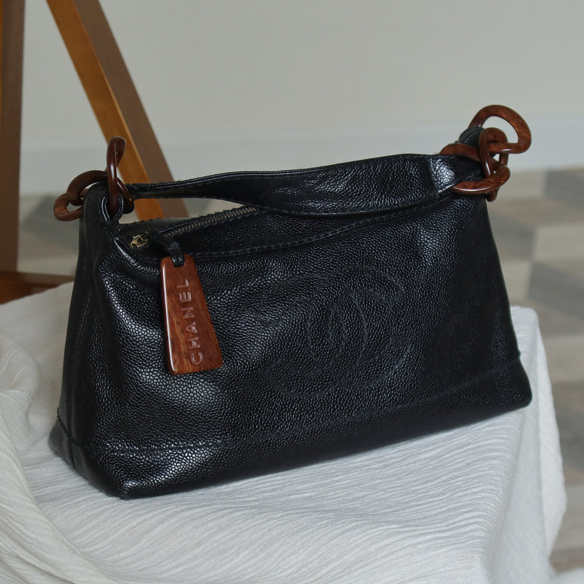 Chanel Vintage Black Caviar Leather Hobo Coco Mark Shoulder Bag