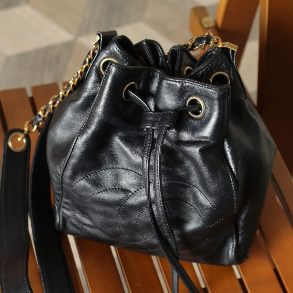 Chanel Vintage Black Lambskin Coco mark Crossbody Bucket Shoulder Bag