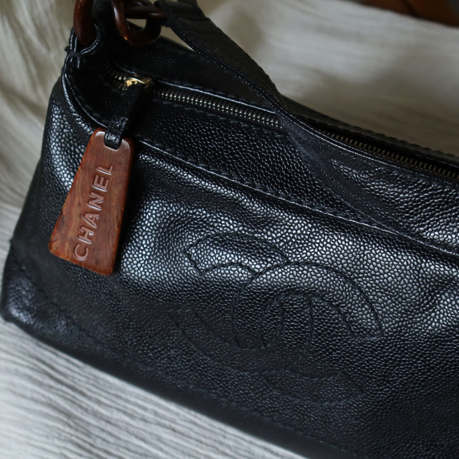 Chanel Vintage Black Caviar Leather Hobo Coco Mark Shoulder Bag