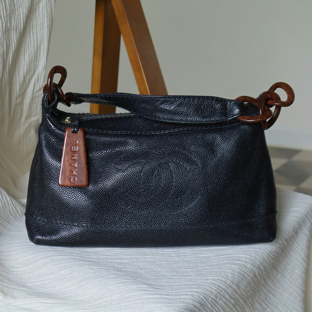 Chanel Vintage Black Caviar Leather Hobo Coco Mark Shoulder Bag