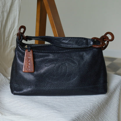 Chanel Vintage Black Caviar Leather Hobo Coco Mark Shoulder Bag