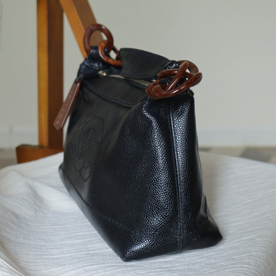 Chanel Vintage Black Caviar Leather Hobo Coco Mark Shoulder Bag S