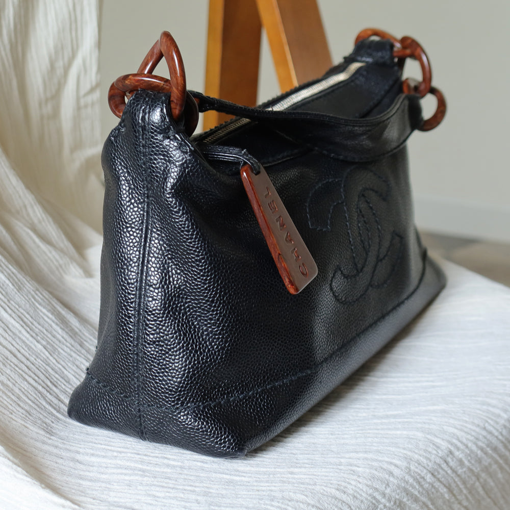 Chanel Vintage Black Caviar Leather Hobo Coco Mark Shoulder Bag S
