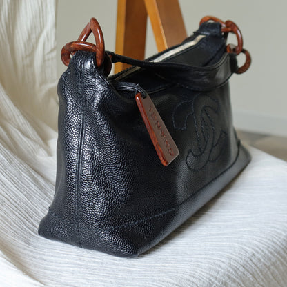 Chanel Vintage Black Caviar Leather Hobo Coco Mark Shoulder Bag S