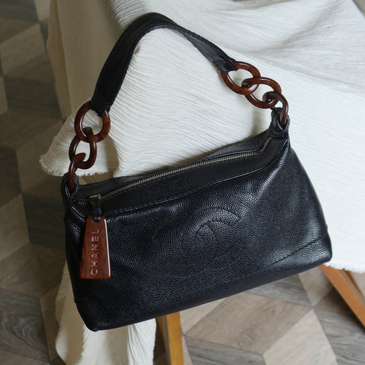Chanel Vintage Black Caviar Leather Hobo Coco Mark Shoulder Bag