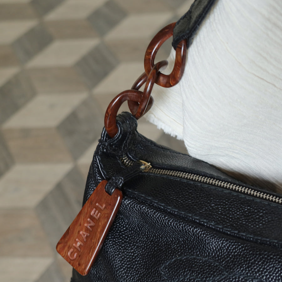 Chanel Vintage Black Caviar Leather Hobo Coco Mark Shoulder Bag S