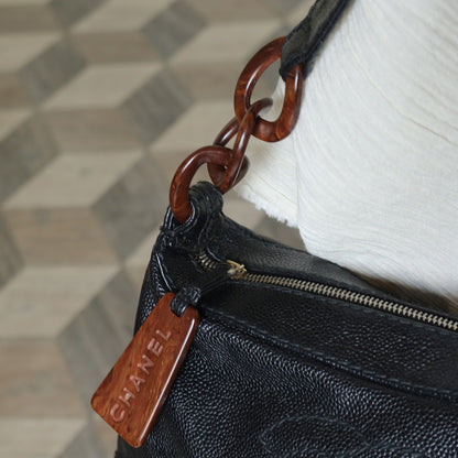 Chanel Vintage Black Caviar Leather Hobo Coco Mark Shoulder Bag S