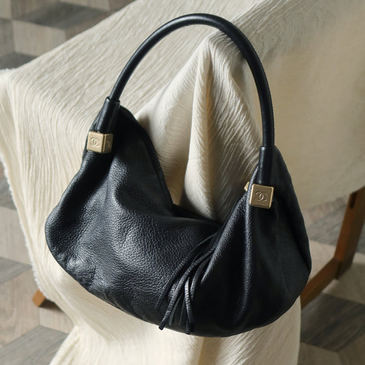 Chanel Vintage Black Calfskin CC Dice Fringe Charm 2way Hobo Bag S