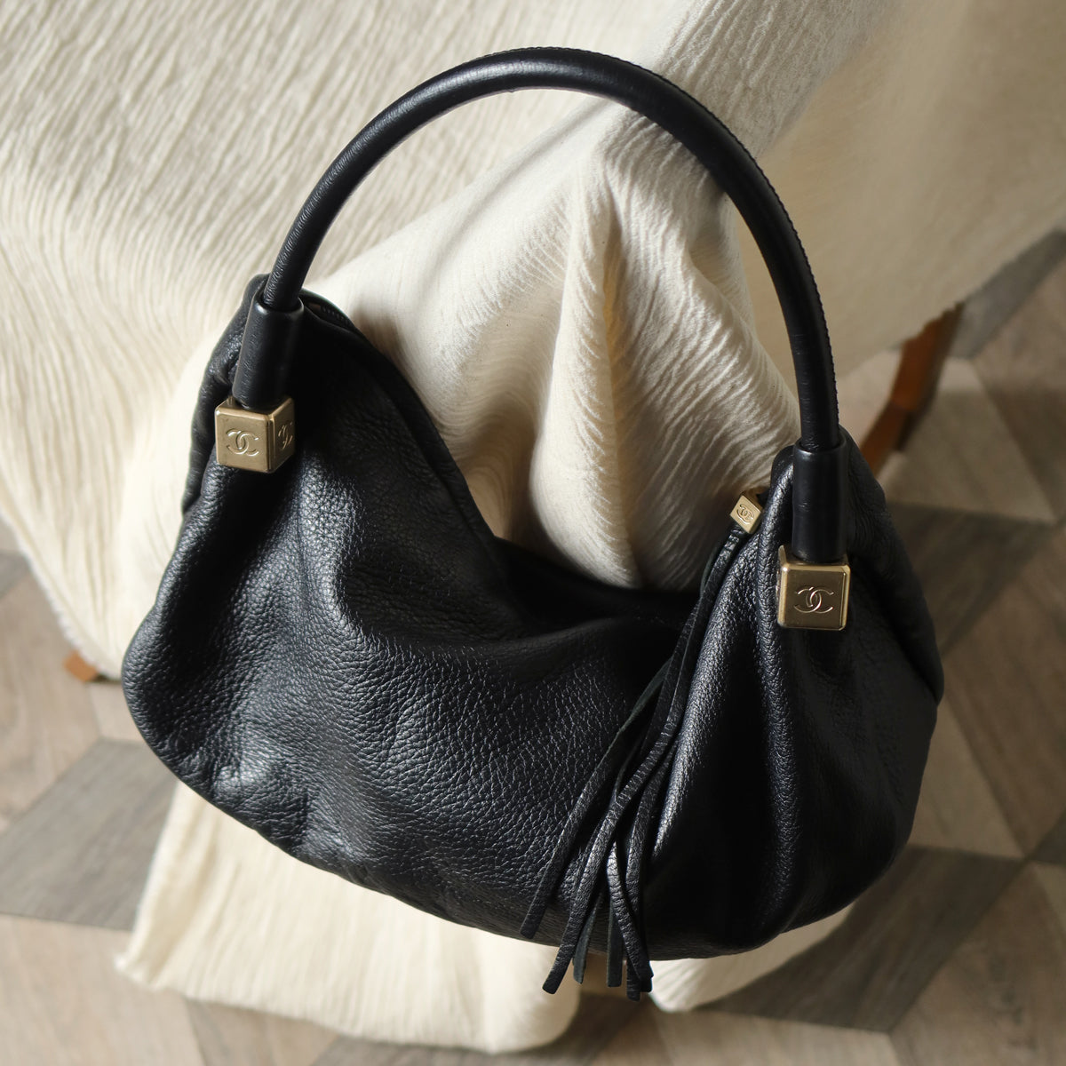 Chanel Vintage Black Calfskin CC Dice Fringe Charm 2way Hobo Bag S