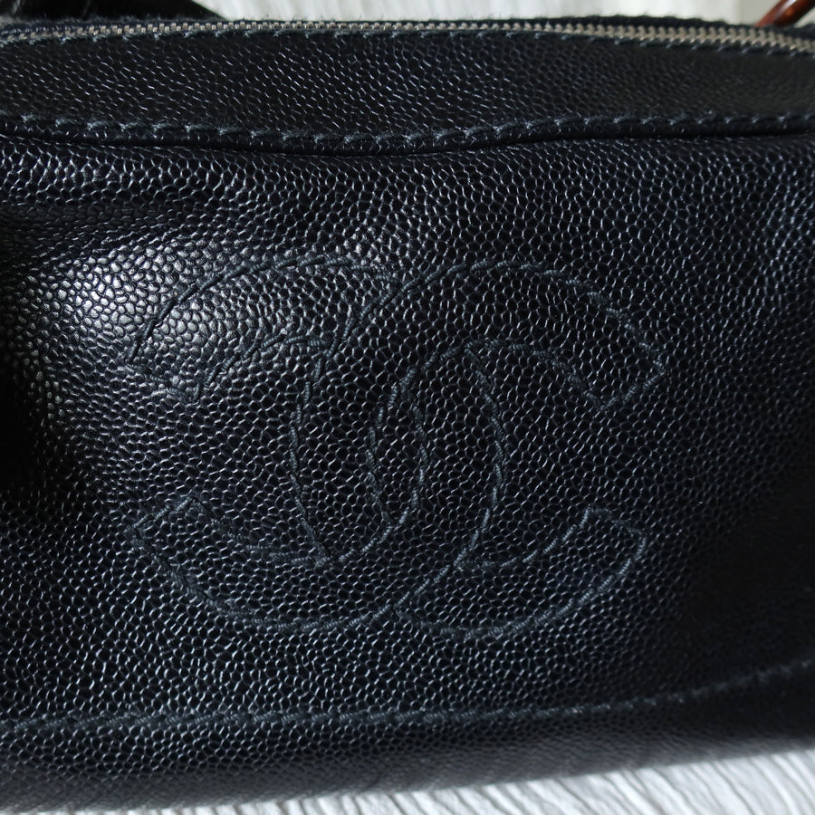 Chanel Vintage Black Caviar Leather Hobo Coco Mark Shoulder Bag S