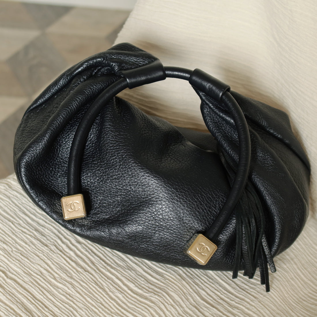 Chanel Vintage Black Calfskin CC Dice Fringe Charm 2way Hobo Bag S