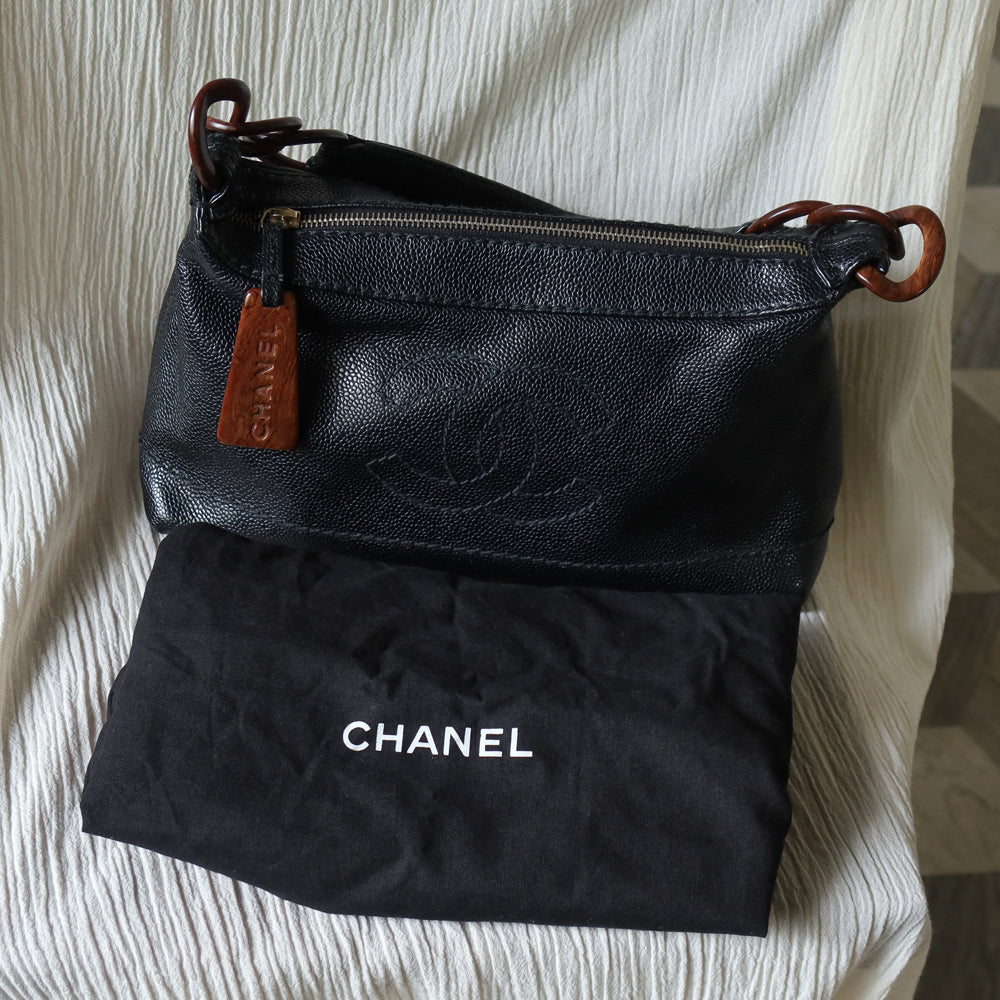 Chanel Vintage Black Caviar Leather Hobo Coco Mark Shoulder Bag