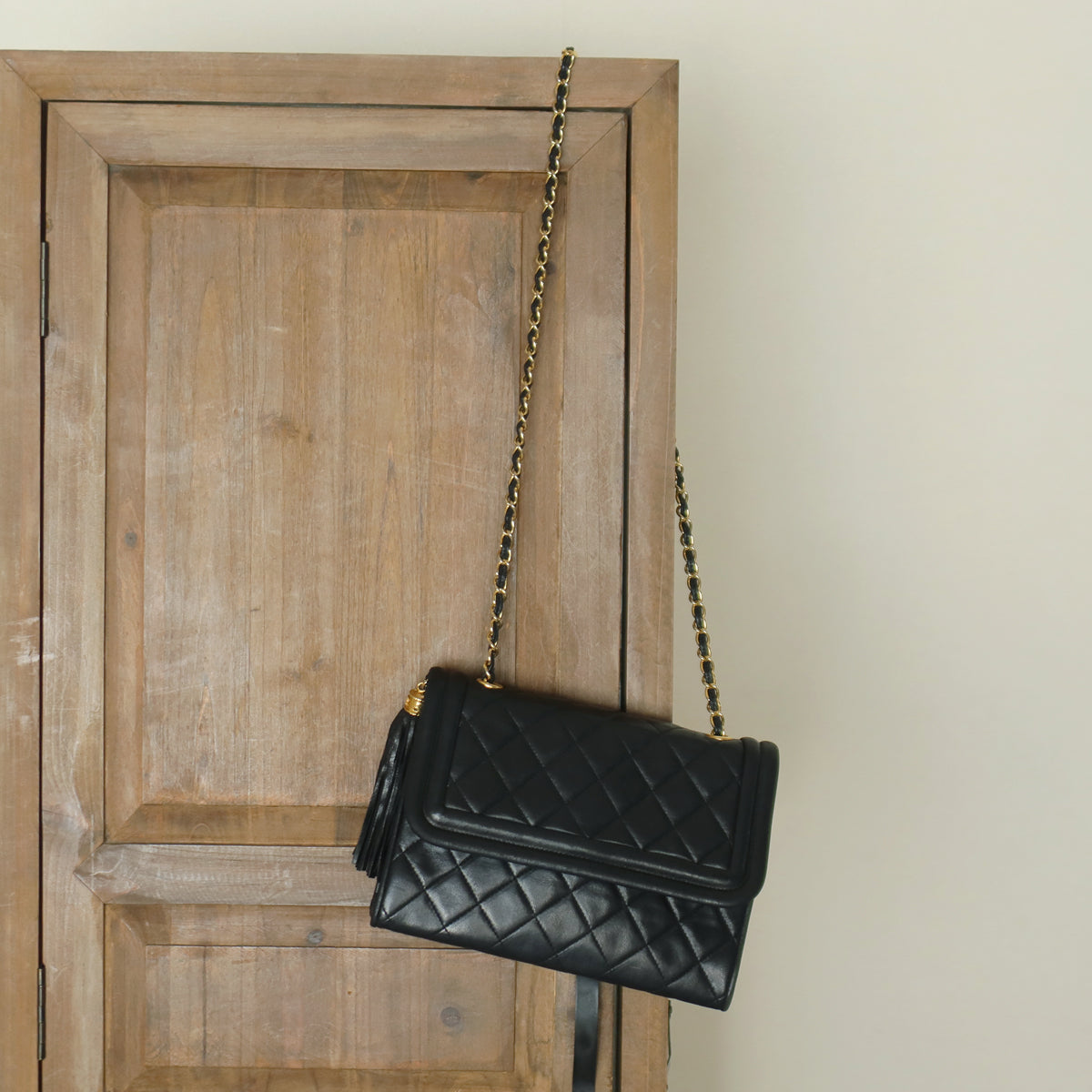 Chanel Vintage Black Lambskin Leather CC Tassel Double Rims Shoulder Flap Bag