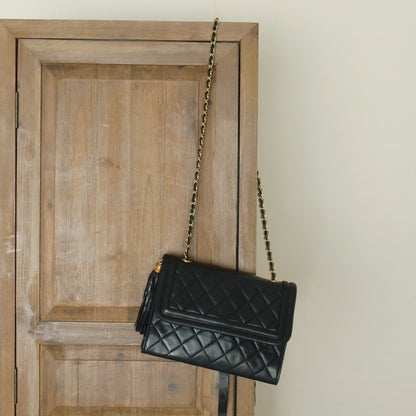 Chanel Vintage Black Lambskin Leather CC Tassel Double Rims Shoulder Flap Bag