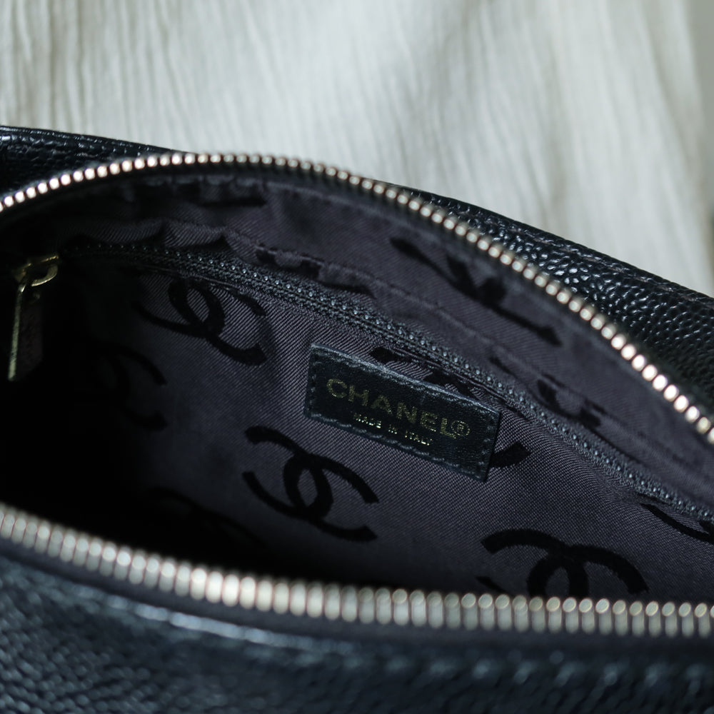 Chanel Vintage Black Caviar Leather Hobo Coco Mark Shoulder Bag S
