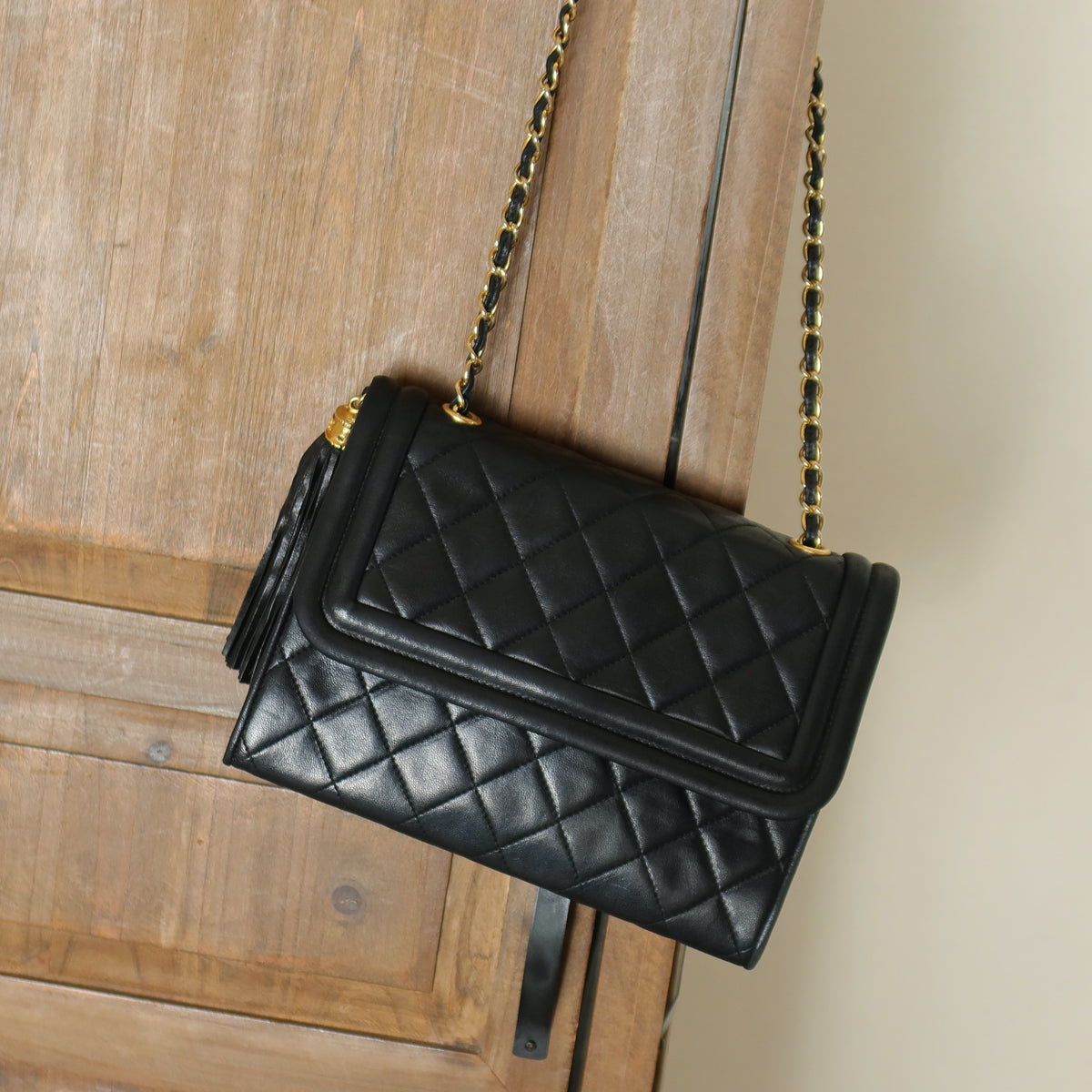 Chanel Vintage Black Lambskin Leather CC Tassel Double Rims Shoulder Flap Bag