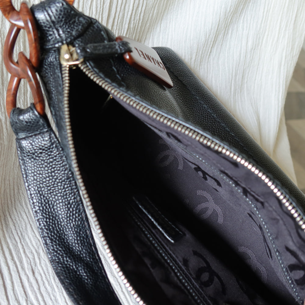 Chanel Vintage Black Caviar Leather Hobo Coco Mark Shoulder Bag S