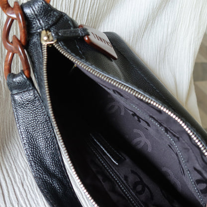 Chanel Vintage Black Caviar Leather Hobo Coco Mark Shoulder Bag S