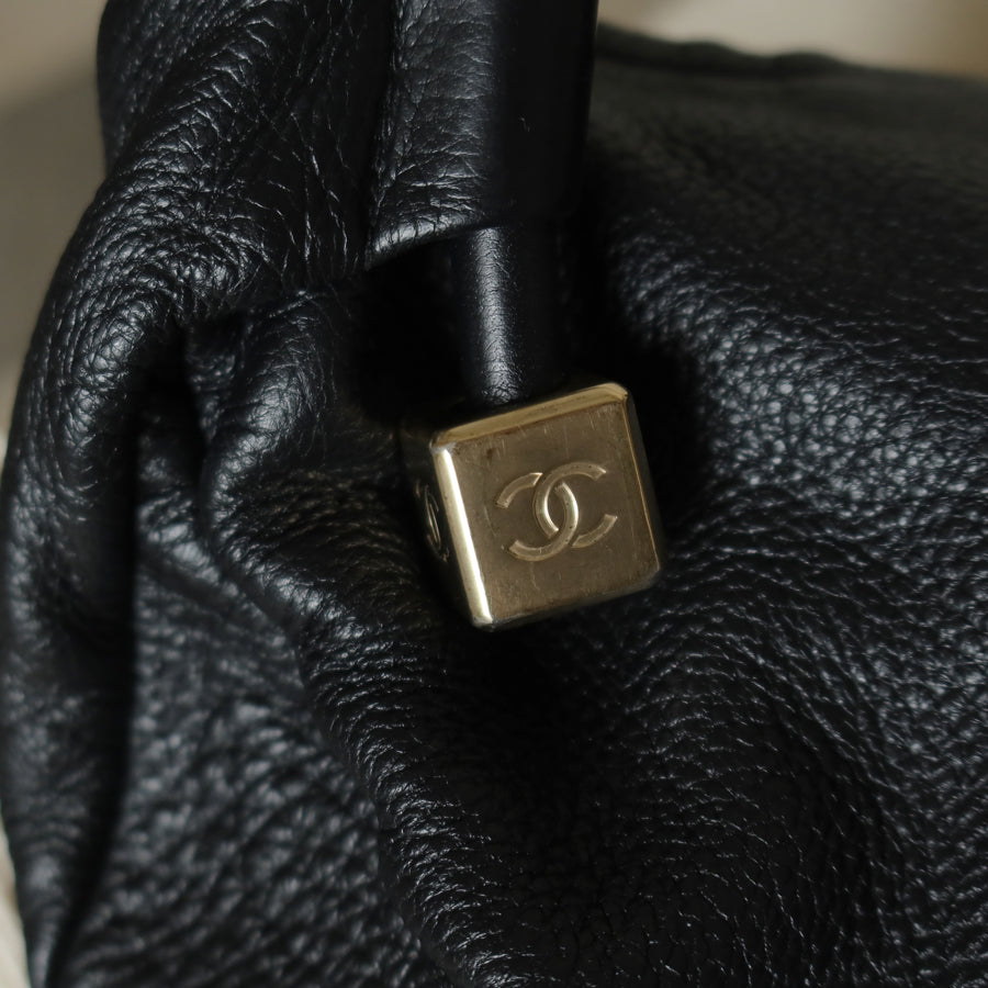 Chanel Vintage Black Calfskin CC Dice Fringe Charm 2way Hobo Bag S