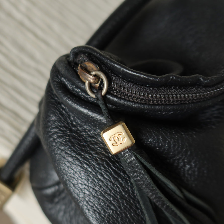 Chanel Vintage Black Calfskin CC Dice Fringe Charm 2way Hobo Bag S