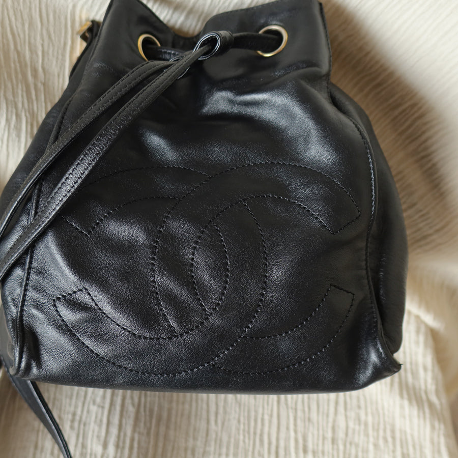 Chanel Vintage Black Lambskin Coco mark Crossbody Bucket Shoulder Bag