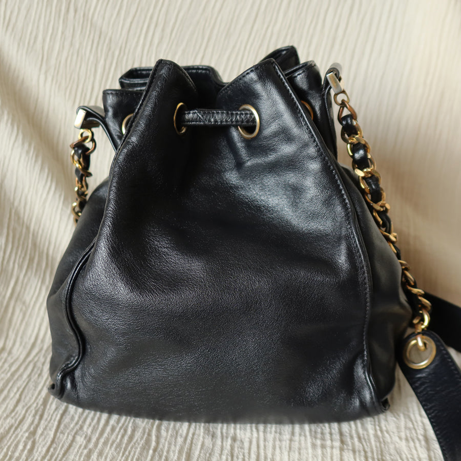Chanel Vintage Black Lambskin Coco mark Crossbody Bucket Shoulder Bag