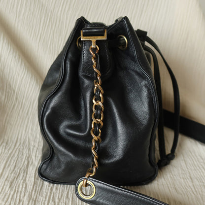 Chanel Vintage Black Lambskin Coco mark Crossbody Bucket Shoulder Bag
