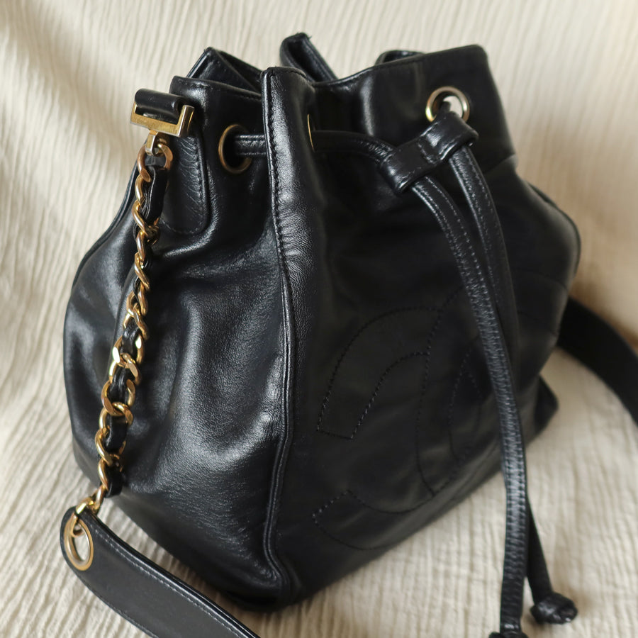 Chanel Vintage Black Lambskin Coco mark Crossbody Bucket Shoulder Bag