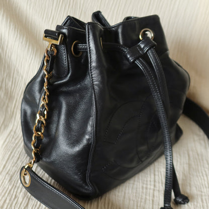 Chanel Vintage Black Lambskin Coco mark Crossbody Bucket Shoulder Bag
