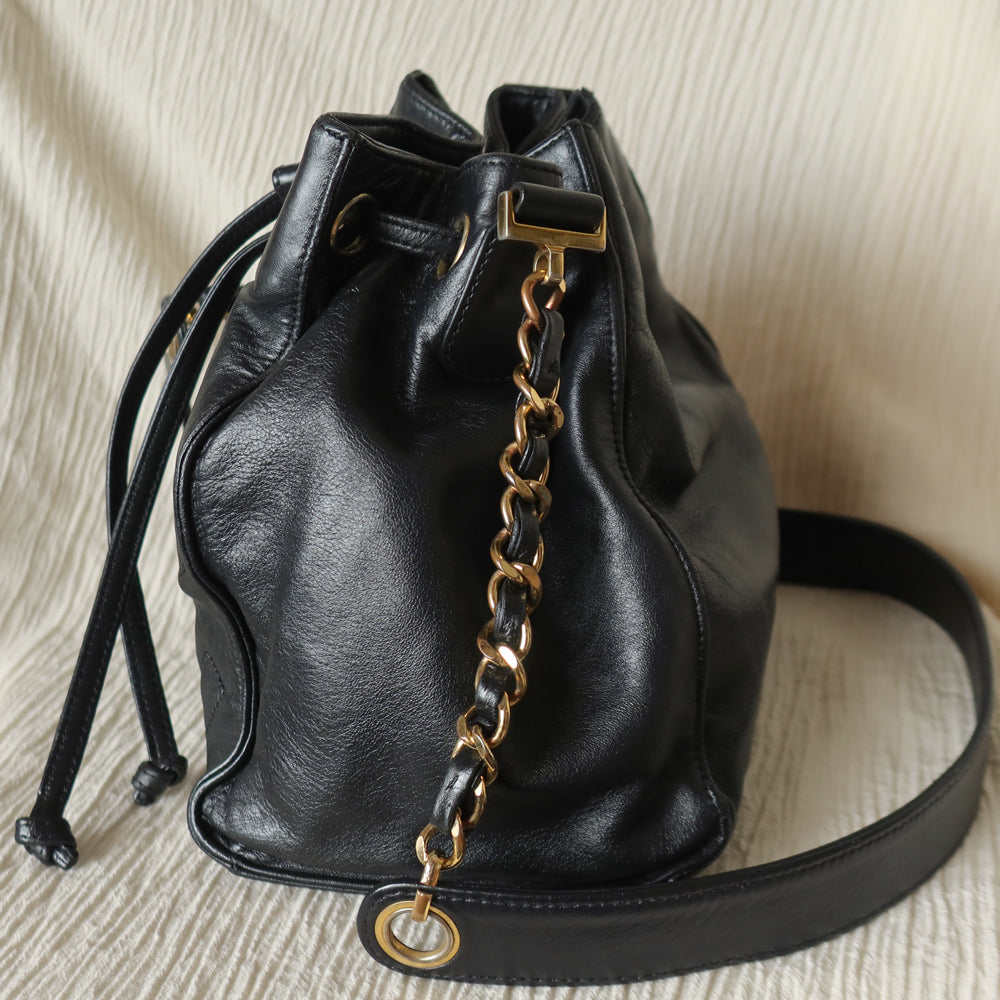 Chanel Vintage Black Lambskin Coco mark Crossbody Bucket Shoulder Bag