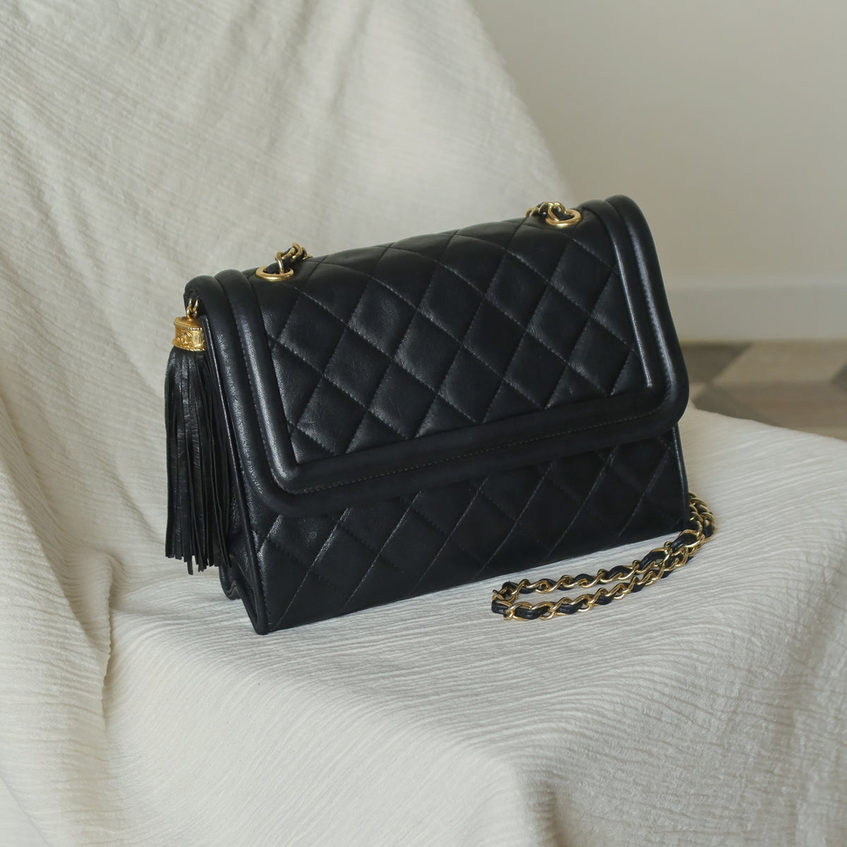 Chanel Vintage Black Lambskin Leather CC Tassel Double Rims Shoulder Flap Bag