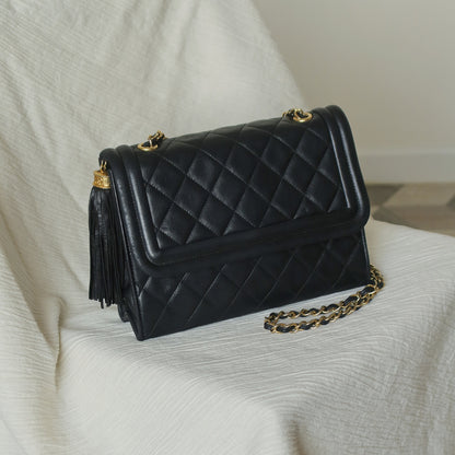 Chanel Vintage Black Lambskin Leather CC Tassel Double Rims Shoulder Flap Bag
