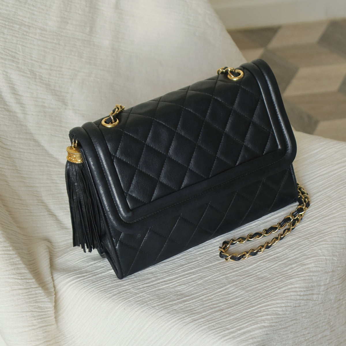 Chanel Vintage Black Lambskin Leather CC Tassel Double Rims Shoulder Flap Bag