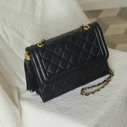 Chanel Vintage Black Lambskin Leather CC Tassel Double Rims Shoulder Flap Bag