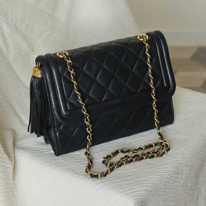 Chanel Vintage Black Lambskin Leather CC Tassel Double Rims Shoulder Flap Bag