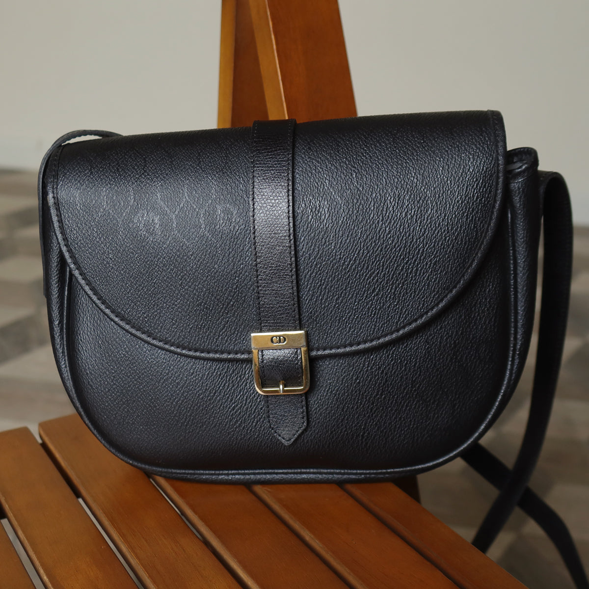 Christian Dior Vintage Black Leather Monogram Flap Shoulder Bag