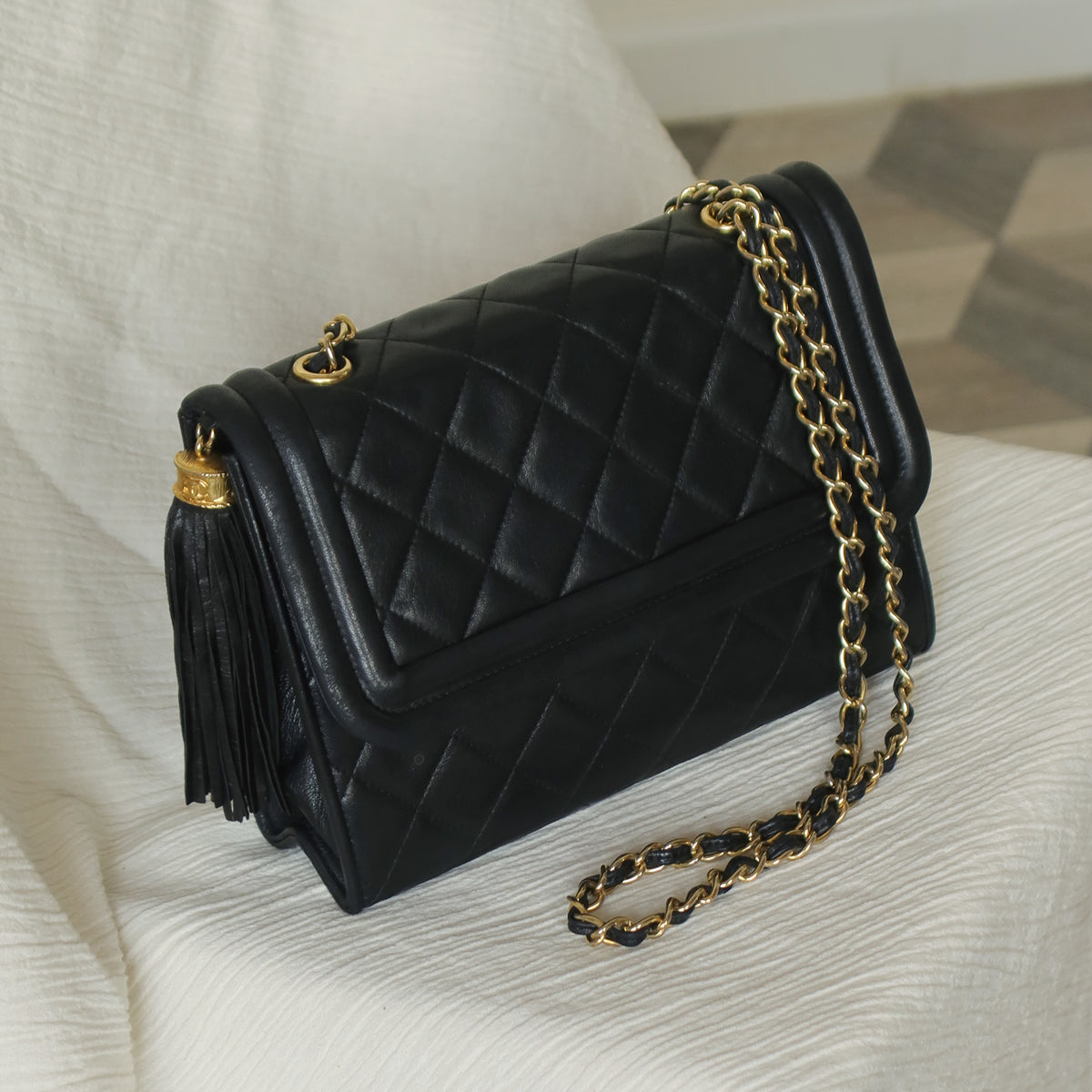 Chanel Vintage Black Lambskin Leather CC Tassel Double Rims Shoulder Flap Bag